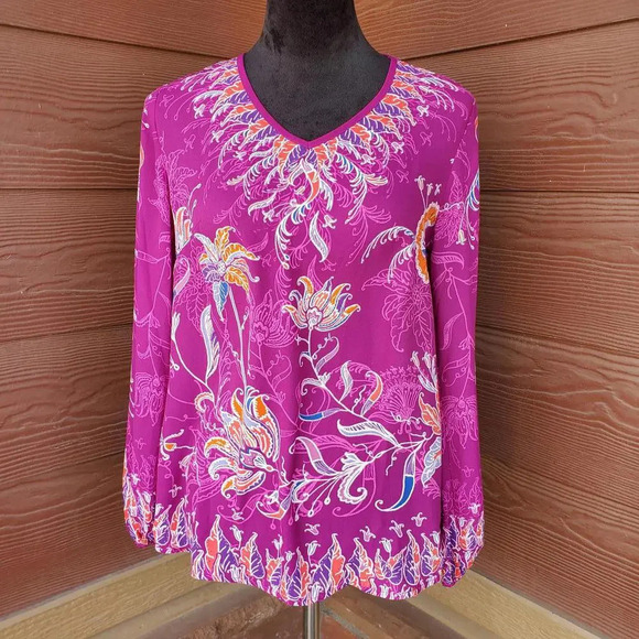 Bob Mackie Women's Raspberry V-Neck Floral Printed Woven Blouse Size XXS NWOT - Picture 1 of 16
